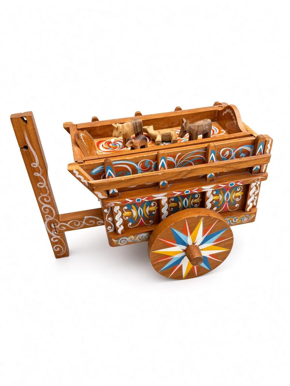 Fine Hand Painted Wooden Oxcart Carreta Costa Rica Artisan Folk Art with Animals